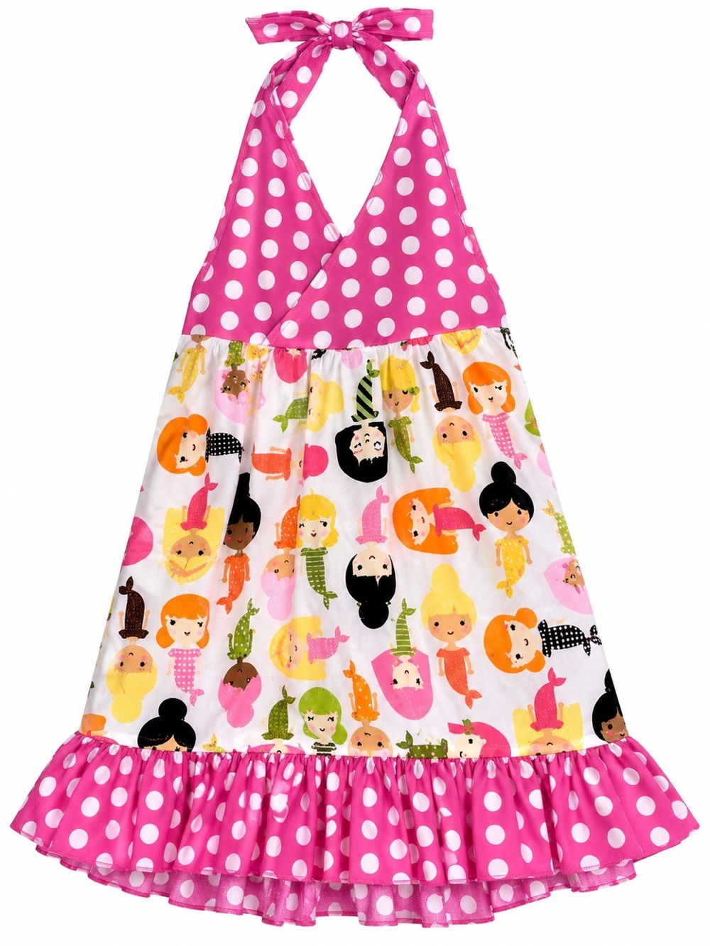 Toddler Girls Mermaid Print Polka Dot Halter Dress Pink Size 2T